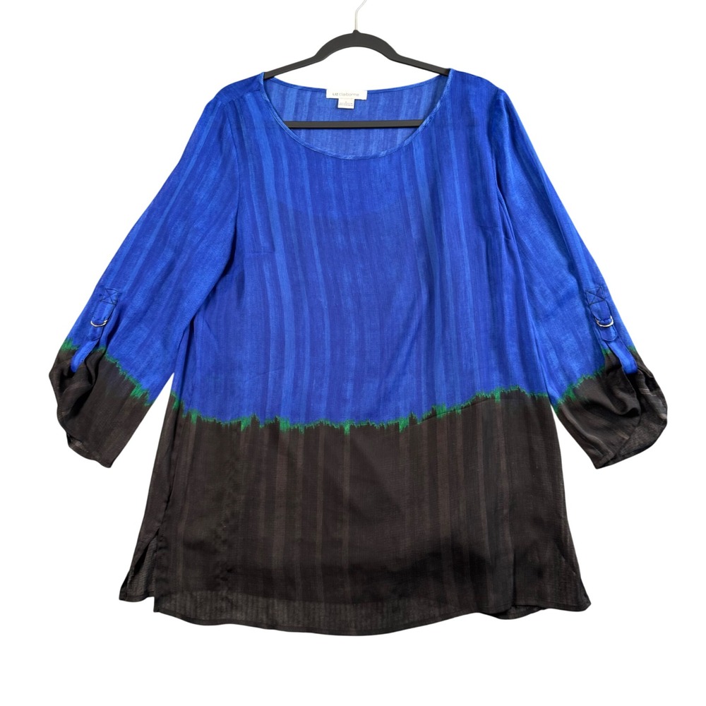 Liz Claiborne Tunic Top Women L Blue Black Colorblock Roll Tab Sleeve Boho Artsy